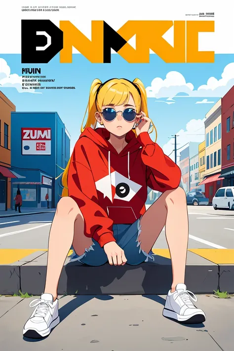 flat vector art,vector illustration, (Magazine cover-style illustration of a fashionable girl),street, in public,(The text on the cover should be bold and attention-grabbing, with the title of the magazine and a catchy headline:1.1) cute:1.2,yellow hair,re...