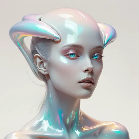 Surrealism, (Ombre color scheme of white ,opal ,iridescent ) Very beautiful alien-woman TheWeirdies, expressive, dramatic, organic lines and forms, dreamlike and mysterious, Surrealism