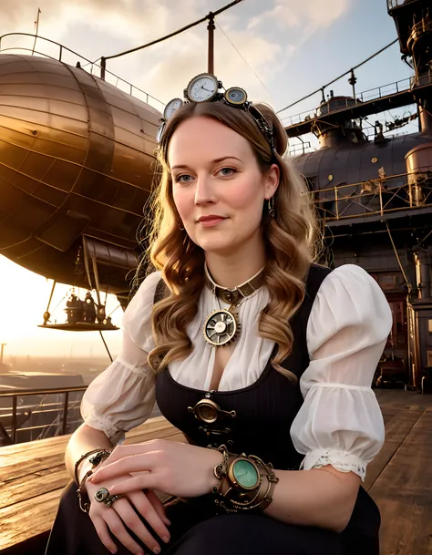 In a steampunk-inspired setting, Cara Theobold, with her striking green eyes and cascading chestnut hair held back by a vintage metal hairband adorned with intricate gears, sits cross-legged on a weathered, brass airships deck. Her hands cradle a teacup an...