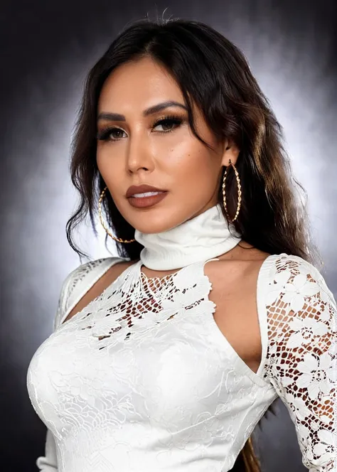 HDR photo of captivating masterpiece of an woman in a ((((white neckholder dress with turtleneck)))), long earrings, necklace, half body, The intricate lace and gold details exude a very rebellious aura. ((The use of high-shine gloss adds a touch of glamou...