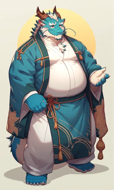 score_9,score_8 up,score_7 up,score_6 up,score_furry,hi res,
qinglong,anthro,dragon,flesh whiskers,japanese clothing topwear,male,solo,horn,full body,overweight,blue body,bottomwear,overweight male,fur,clothed,kemono,blue fur,white body,<lora:Meng_zhang_XL...