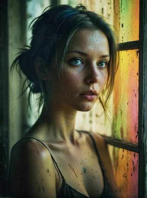 grunge style a beautiful woman portrait,luminous,matserpiece,chris cunningham,window,(colorful:0.6)