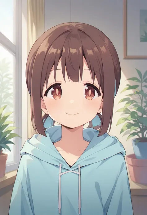 score_9, score_8_up, score_7_up, source_anime,hozuki momiji, brown hair, brown eyes, 1girl, solo, smile, plant, hood, potted plant, hoodie, indoors, looking at viewer, drawstring, upper body