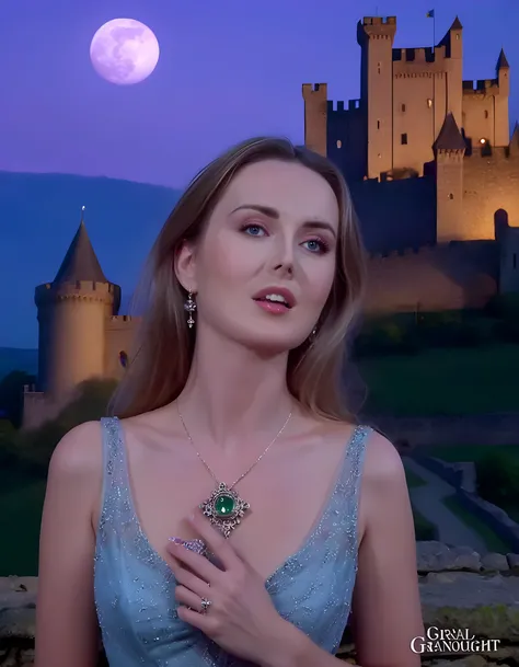 5C4RL377, A PG-rated photograph captures a stunning woman, oral_invitation, with captivating green eyes and a flat chest, posed elegantly with a delicate hand clutching an exquisite vintage brooch against the dual backdrop of a twilight sky (purple hues) a...