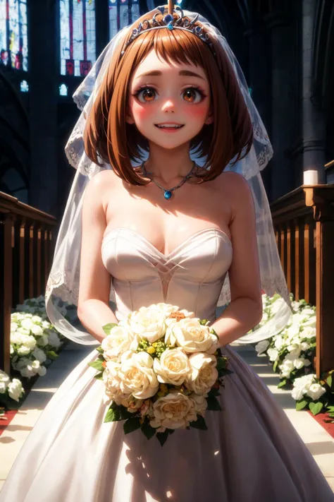 uraraka ochako,cowboy shot, 1girl,solo,brown hair, brown eyes,medium breasts,short hair,wedding dress,veil,,smile, blush,happy,holding bouquet,own hands together,looking at viewer,indoors, church, white light, altar,crowd,tiara,strapless,necklace, (best qu...