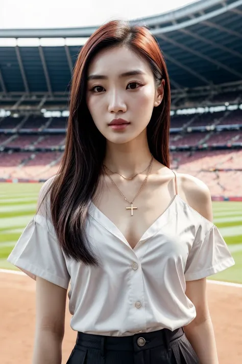 Asian woman, closeup, (shirt), pants, (at a stadium), cross necklace , (), KM_puspita, wide shoulders, perfect face, (contact iris: 1.1), pale skin, skin pores , depth of field