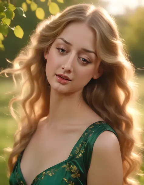 Sasha Paige, A captivating, soft-focus close-up image, reminiscent of a romantic Renaissance painting, showcases a radiant woman with her eyes half-closed and slightly rolled upwards, set against the backdrop of an enchanting sunlit meadow. Her long, golde...