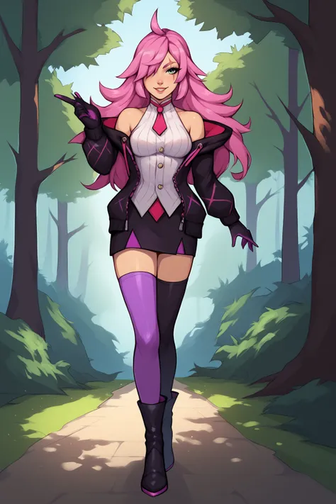 score_9, score_8_up, score_7_up, score_6_up, score_5_up, score_4_up, BREAK, KatarinaBAXL, scar across eye, green eyes, pink hair, long hair, hair over one eye, ahoge, medium breasts, bare shoulders, open jacket, black jacket, pink necktie, white shirt, bla...