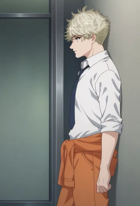 score_9, score_8_up, score_7_up, source_anime, highly detailed, 
yatora, solo, 1boy, male focus, shirt, white shirt, blonde hair, standing,
clothes around waist, pants, necktie, short hair, upper body, orange pants, collared shirt, from side, profile,
indo...