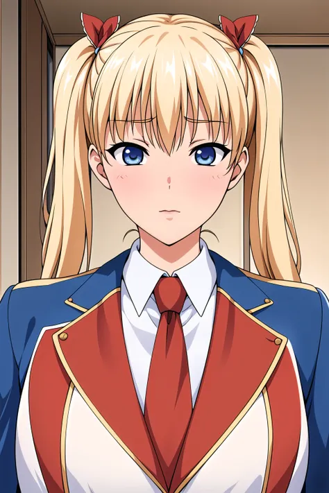 Simple Background,White Background,
dynamic pose,standing at attention,
red and blue jacket ,red tie,
<lora:Akizuki_Airi_OniChichi-KK77-V2:0.7>,
blue eyes, blonde hair,bangs,Long hair,twintails, 
<lora:more_details:0.1>,<lora:Oda_Non_Style-KK77-V2:0.3>,<lo...