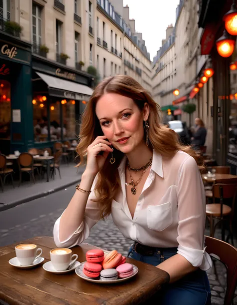 In a dimly-lit, bohemian-style Parisian café nestled between cobblestone streets and vibrant graffiti, Cara Theobold poses at an antique wooden table adorned with a half-eaten croissant, a steaming espresso, and a plate of colorful macarons. Her fiery red ...