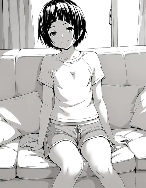 score_9, score_8_up, score_7_up, score_6_up, score_5_up, score_4_up, greyscale, monochrome,
1girl, solo,
KonomiHarukaze_T1V1, short hair, blunt bangs, flat chest,
t-shirt, short sleeves, dolphin shorts,
sitting,
looking at viewer, seductive smile,
indoors,...