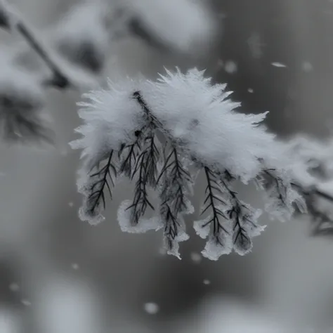 blurry background, forest, from above, still life, solo, snowing, day, sky, greyscale