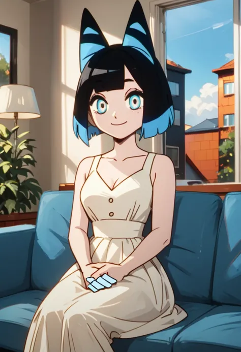 score_9, score_8_up, score_8,     <lora:Gal:0.8> 1girl, kozuk1, black hair, short hair, multicolored hair, animal ears, dress, blue eyes, colored inner hair, sitting on couch, living room, window, smile,