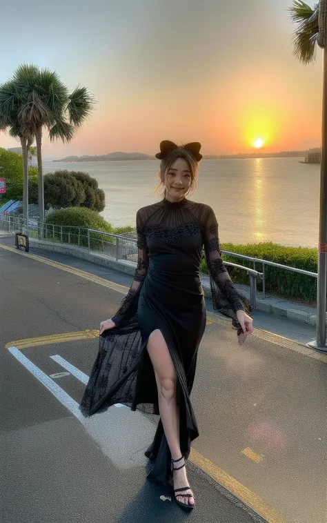 <lora:Minnie_V1:1> Minnie_V1 ,, (realistic), (hyperrealism), (photorealistic:1.4), 1girl, looking at the viewer, eye makeup, detailed eyes, detailed face, (upper body:1.2), detailed background, black dress, walking at the streets, sunset, (windy:1.2),  <lo...