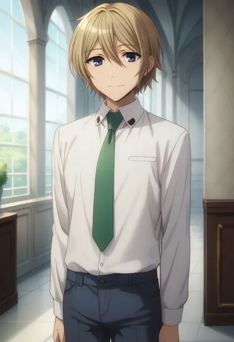 score_9, score_8_up, score_7_up, source_anime, highly detailed, 
madoka, blonde hair, 1boy, solo, male focus, blue eyes, short hair, hair between eyes, pants, shirt, white shirt, collared shirt, necktie, smile,
indoor, mansion, fornitures,