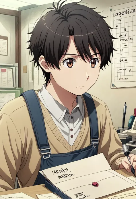 high resolution, solo, best quality, 1Boy, Inaho Kaizuka, Black hair, Brown Eyes, Writing a letter, stationery, heartfelt, personal,