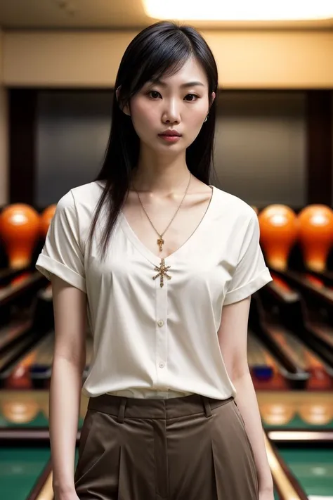 Asian woman, closeup, (shirt), pants, (bowling alley), cross necklace , (), KM_kara, wide shoulders, perfect face, (contact iris: 1.1), pale skin, skin pores , depth of field