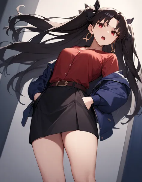 1girl, ishtar, fate/grand order, solo,
masterpiece, best quality, very aesthetic, absurdres,
looking at viewer,
open mouth, blue jacket, red shirt, black skirt, black ribbon, hoop earrings, belt, open clothes, long sleeves, hands in pockets,
<lora:ishtar_f...