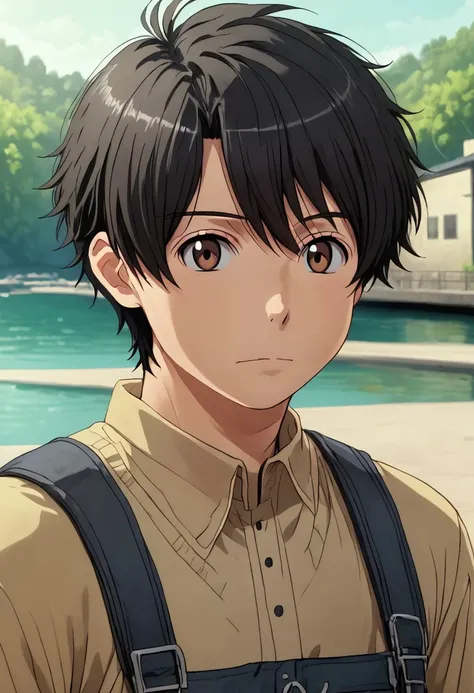 high resolution, solo, best quality, 1Boy, Inaho Kaizuka, Black hair, Brown Eyes, portraits, proud, outdoor, Half Body, Depth Of Field,