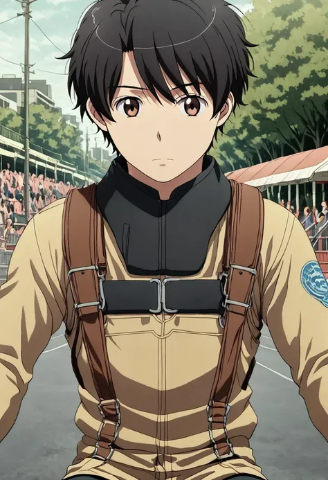 high resolution, solo, best quality, 1Boy, Inaho Kaizuka, Black hair, Brown Eyes, theme park, rides, fun, excitement,