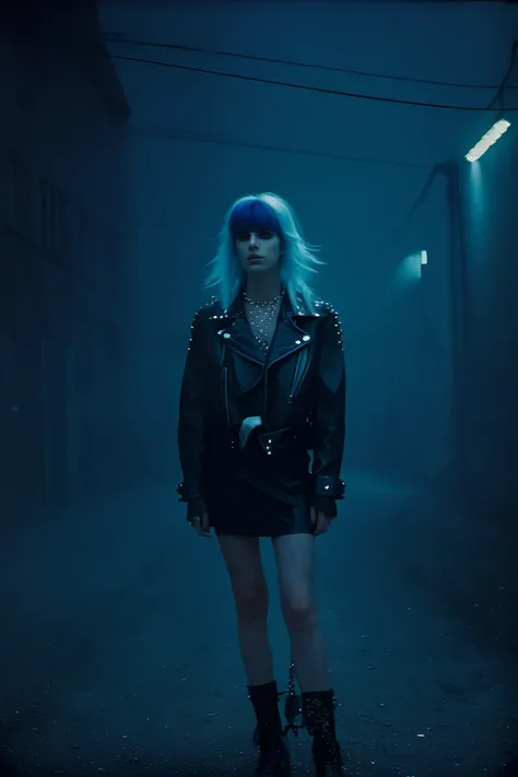 1girl, (wolfcut:1.1), very long hair, multicolored hair,  bangs,  (disheveled:1.3),
(Wrapped in a sleek leather jacket, accentuated by silver studs and chains, emanating a fierce and edgy aura), (analog, cinematic, film grain, hazy atmosphere, cinematic sh...