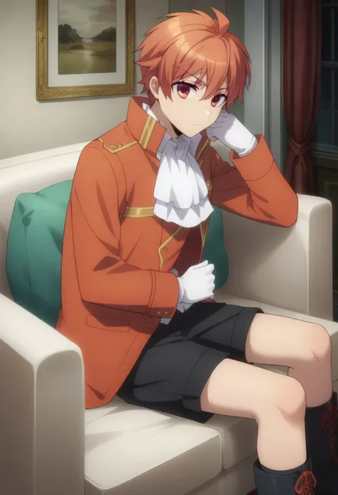 score_9, score_8_up, score_7_up, source_anime, highly detailed, 
ryuji, 1boy, male focus, solo, red eyes, gloves, white gloves, ascot, long sleeves, jacket, orange jacket, long sleeves, shorts, black shorts, socks, boots
indoor, sit, couch,