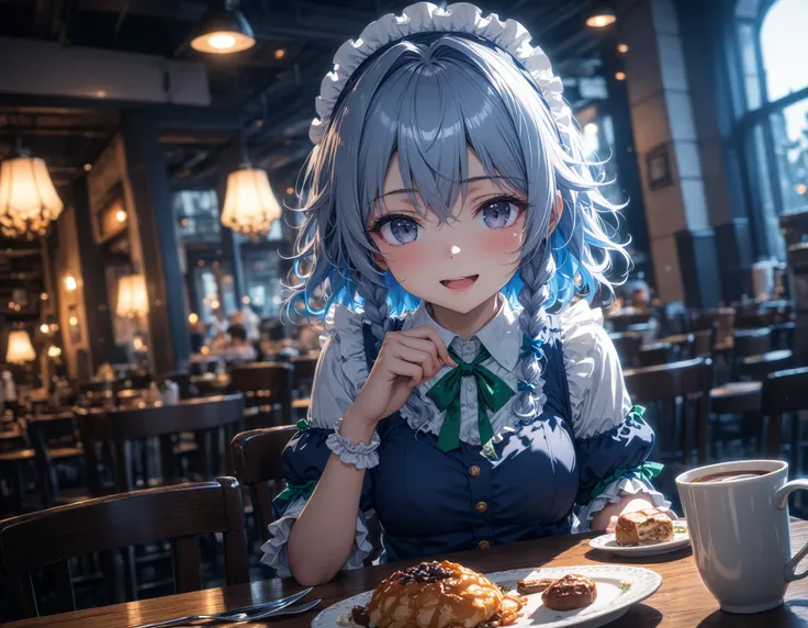 1girl,izayoi sakuya,touhou, smile open mouth, (blue theme:1.7),gray eyes,maid outrift,sitting,looking at viewer,holding coffee cup, coffee,sweets, plate, fork, knife, table, chair, table,restaurant, (Depth of field, hdr, cinematic angle, cinematic lighting...