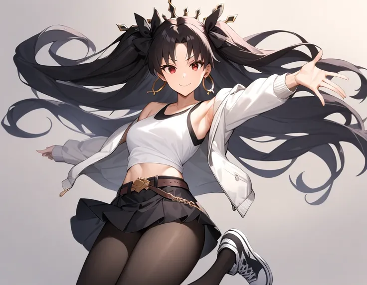 1girl, ishtar, fate/grand order, solo,
masterpiece, best quality, very aesthetic, absurdres,
looking at viewer, smile, outstretched arm,
white jacket, tank top, black skirt, miniskirt, black pantyhose, crown, hoop earrings, belt, sneakers, long sleeves, fl...