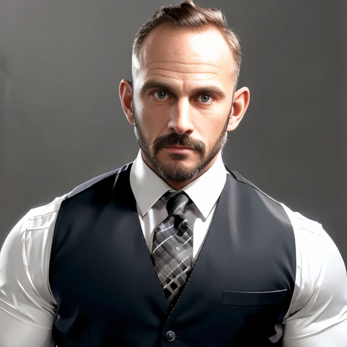 (portrait:1.2), (close-up:0.8), (straight-on:1.2), absurdres, <lora:SamuelColt:0.85>, samuelcolt, facial hair, (muscular male:1.1), grey background, vest