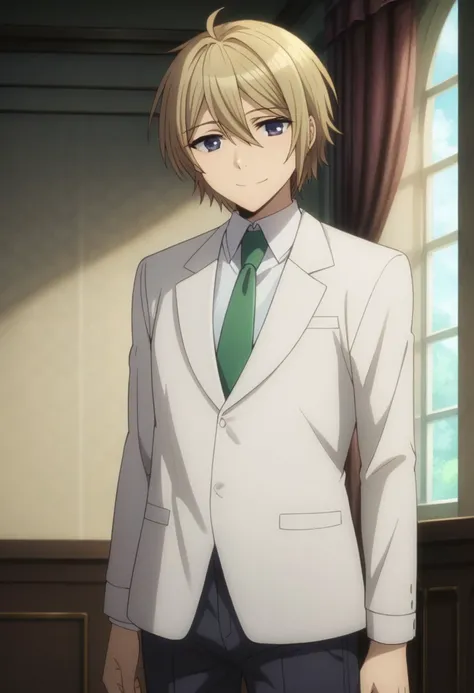 score_9, score_8_up, score_7_up, source_anime, highly detailed, 
madoka, blonde hair, 1boy, solo, male focus, blue eyes, short hair, hair between eyes, formal, suit, pants, grey suit, shirt, white shirt, collared shirt, necktie, smile,
indoor, mansion, for...