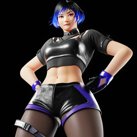 reina mishima, reina mishima (tekken),reina mishima outfit (tekken), 1girl, solo, breasts, looking at viewer, short hair, simple background, black hair, gloves, navel, blue hair, short sleeves, pantyhose, multicolored hair, shorts, black gloves, midriff, t...