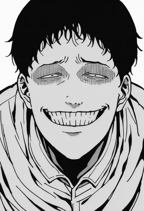 anime artwork, score_9, score_8_up, score_7_up, score_6_up, score_5_up, masterpiece, best quality, source_anime, souichi, black hair, wavy bangs, tired eyes, 1boy, solo, smiling, showing teeth, upper body, looking at viewer, tiny pupils, ((manga)), black a...