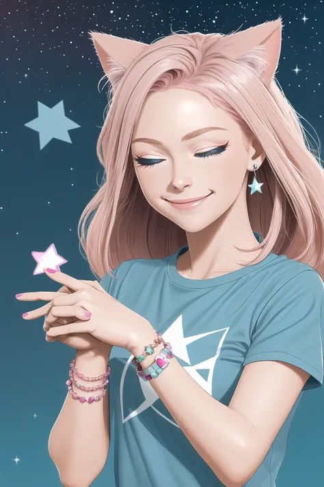 1girl,one eye closed,long hair,cat,blue eyes,pink hair,shirt,pink nails,smile,nail polish,star (symbol),animal,bracelet,short sleeves,stretching,solo,jewelry,upper body,looking at viewer,blue shirt,own hands together,shiny,closed mouth1girl,one eye closed,...