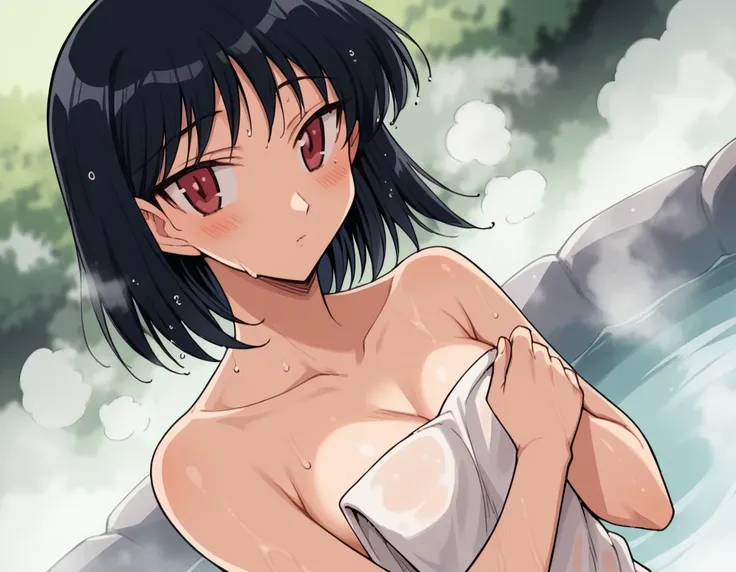 score_9, score_8_up, score_7_up, source_anime, yakumotsukamoto, <lora:yakumo-tsukamoto-s2-ponyxl-lora-nochekaiser:1>, yakumo tsukamoto, short hair, black hair, red eyes,, nude, naked, outdoors, onsen, towel, naked towel, steam, bathing, nude cover, partial...