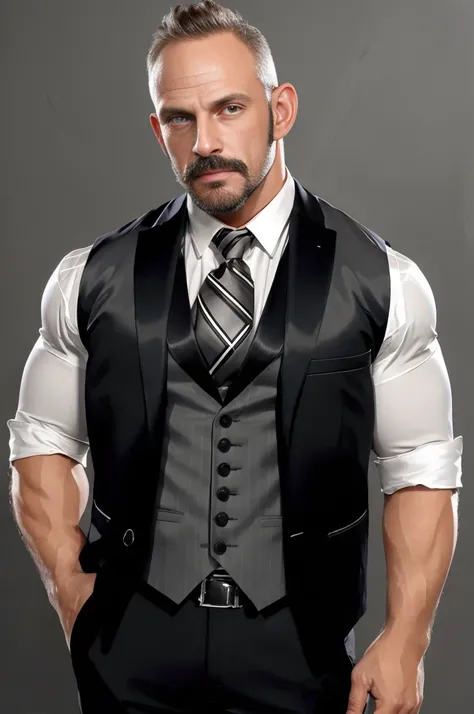 portrait, (straight-on:1.2), absurdres, <lora:SamuelColt:0.85>, samuelcolt, facial hair, (muscular male:1.1), grey background, vest