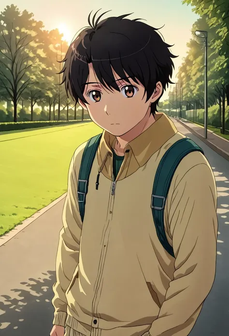 high resolution, solo, best quality, 1Boy, Inaho Kaizuka, Black hair, Brown Eyes, Morning run, sneakers, park, fresh air,