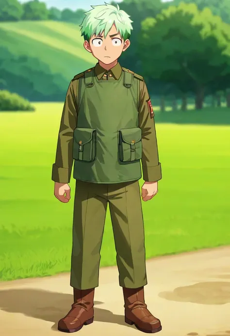 score_9,score_8_up,score_7_up,score_6_up,source_anime BREAK anime screencap 1boy,solo,foam green colored hair,very short hair,standing,boots,facing viewer,straight on,long sleeves,coldwarvest,military uniform <lora:coldwarvestpony:0.95>,pants,outdoors,in f...