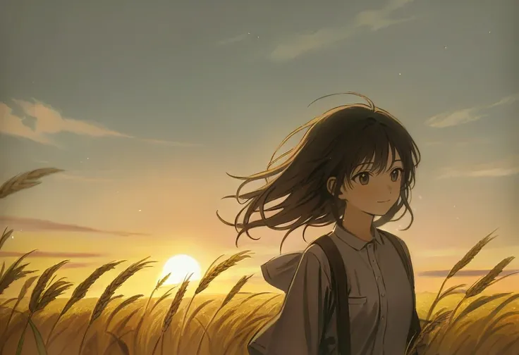 by iwzry, 
1girl, solo, windy, hair flowing in the wind, wheat field, sunset, sun shining, light smile, village in distance, light particles, light rays, backlighting, sidelighting, vignette,
detailed, best quality, (bad anatomy:-1)