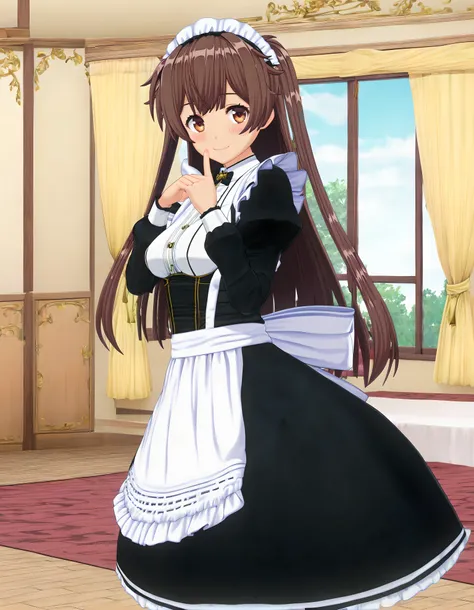 <lora:pony_xl_muku:0.8>,muku,score_9,source_anime,best quality,masterpiece,super fine illustration,1girl,solo,looking at viewer,maid,maid headdress,black dress,puffy sleeves,long sleeves,maid apron,frills,kneehighs,white socks,smile,light_blush,looking at ...