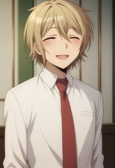 score_9, score_8_up, score_7_up, source_anime, highly detailed, 
madoka, closed eyes, blonde hair, smile, open mouth, blush, 1boy, solo, necktie, shirt, white shirt, collared shirt, male focus, parody, :d, shirt, ^ ^, short hair, hair between eyes, upper b...