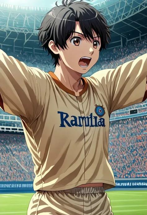 high resolution, solo, best quality, 1Boy, Inaho Kaizuka, Black hair, Brown Eyes, Attending a sports game, stadium, cheering, excitement,