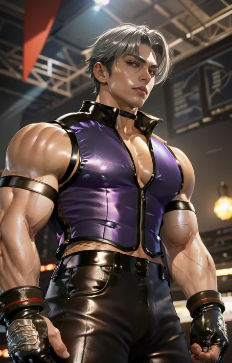 ((best quality)), ((masterpiece)), ((realistic)), (detailed)
shiny latex ,
leepurplevest, vest, mesh shirt, mesh, muscular, leather pants, fingerless gloves, pectoral muscles,  , korean male, middle part hair, short  hair, silver hair, biceps, triceps, lea...