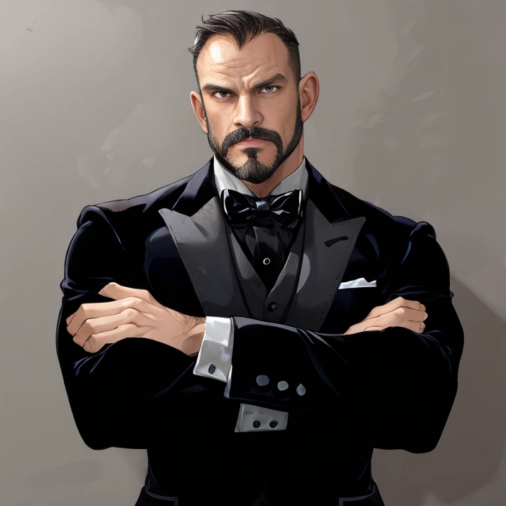 (portrait:1.2), upper body, <lora:backlight_slider_v10:1>, absurdres, <lora:SamuelColt:0.85>, samuelcolt, facial hair, (muscular male:1.1), grey background, tuxedo, crossed arms