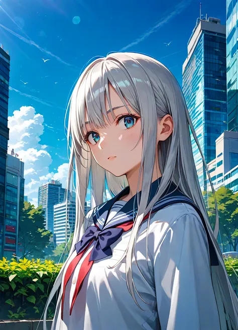 score_9, score_8_up, score_7_up , source_anime ,masterpiece, best quality, perfect anatomy , very aesthetic , official art,BRAKE
1girl, solo, silver hair, very long hair, upper body,school uniform, outdoors, skyscraper,