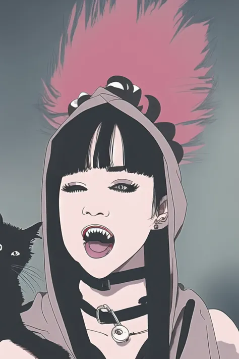 1girl,on head,cat,animal on head,multicolored hair,choker,twintails,black hair,open mouth,hood,cat on head,pink hair,white background,simple background,piercing,bangs,black choker,solo,upper body,two-tone hair,animal,ear piercing,hoodie,black hoodie,hood d...