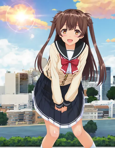 <lora:pony_xl_muku:0.8>,muku,score_9,source_anime,best quality,masterpiece,super fine illustration,1girl,solo,looking at viewer,cowboy_shot,looking_at_viewer,front view,school_uniform,sailor,summer_uniform,plaid_dress,miniskirt,kneehighs,bright girl,:d,smi...