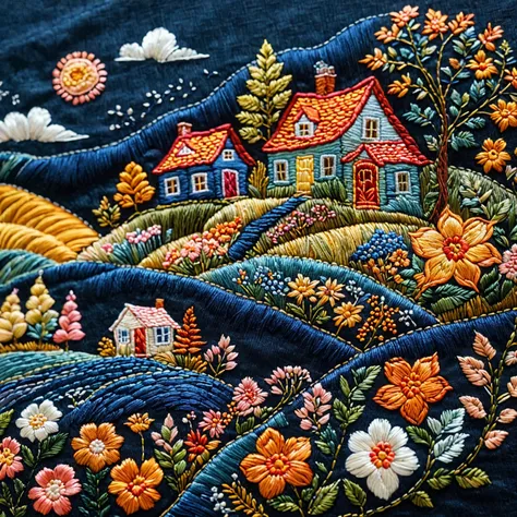 An intricate piece of embroidery on a dark fabric. It features a whimsical landscape with houses, trees, and flowers. The houses are adorned with vibrant colors, and the surrounding environment is filled with a myriad of flowers in various shades of orange...