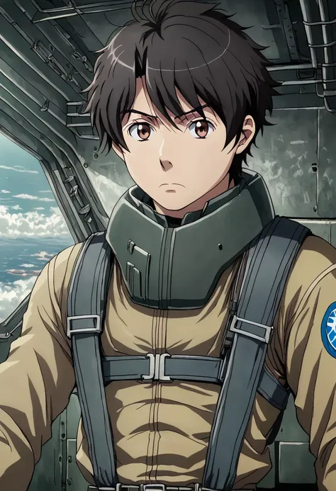 high resolution, solo, best quality, 1Boy, Inaho Kaizuka, Black hair, Brown Eyes, Pilot, Jet Fighter, Military, Military Uniform, military action,