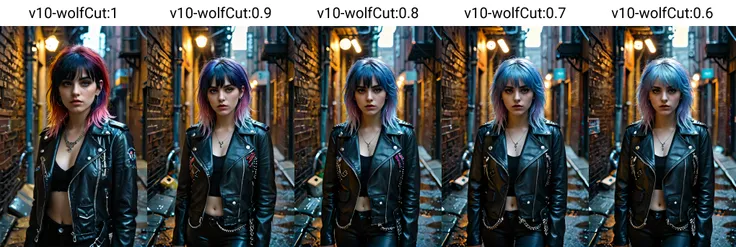 1girl, portrait, wolfcut, bangs, long layered hair, multicolored hair, (disheveled:1.3), 
(Wrapped in a sleek leather jacket, accentuated by silver studs and chains, emanating a fierce and edgy aura), (A dimly lit alleyway, with shadows lurking in the corn...